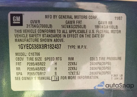 2008 Cadillac Escalade Standard from USA, damaged, VIN 1GYEC638X8R182437